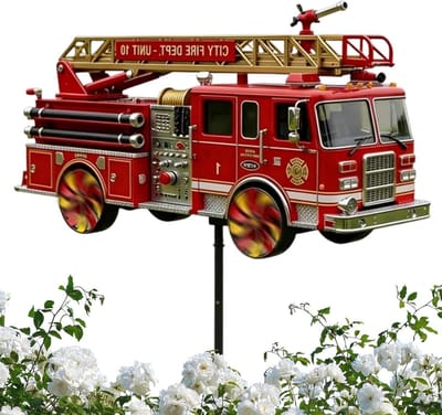 Draaibare Bodemplaat - Windmolen Tuin - Buiten Decoratie - Brandweerauto Design - 28 x 14 cm - Uniek