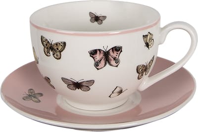 Clayre & Eef Kop en Schotel 200 ml Wit Roze Porselein Vlinders