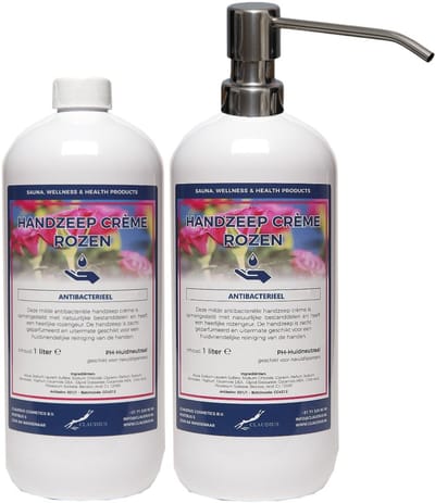 Handzeep Crème Rozen 1 liter - set van 2 stuks - met gratis RVS zilverkleurige pomp - Voordeelverpakking