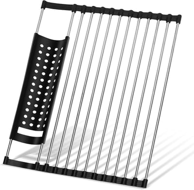 Famanu – Afdruiprek met bestekvakken (mes/vork/lepel) - opvouwbaar afdruiprek voor gootsteen - zwart - 43 x 33 cm