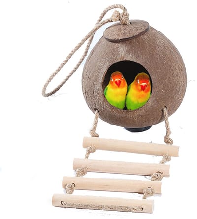 Vogelhuisje van kokosnootschaal - Vogelhuisje van kokosnootschaal met ladder - Broednest van vogelschaal - Hangende voederbak - Vogelhuisje - Voederhuisje - Diameter 14 cm - Diameter 7,5 cm - Geschikt voor papegaaien en lovebirds, etc. - Houtkleur
