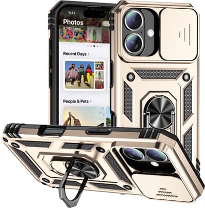 Coverup Hoesje - Geschikt voor iPhone 16 Hoesje - Coverup Ring Kickstand Back Cover met Camera Shield - Goud