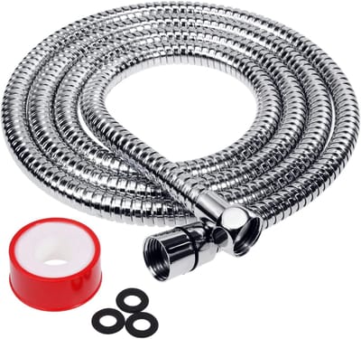 Rovtop doucheslang - 180 cm. - RVS - Verchroomd - Messing aansluitingspunten - Met 3 afdichtingsringen - Met rolletje PTFE-Tape