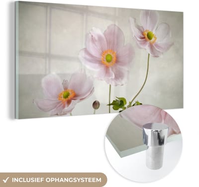 MuchoWow® Glasschilderij 80x40 cm - Schilderij acrylglas - Bloemen - Stilleven - Olieverf - Klaproos - Roze - Foto op glas - Muurdecoratie woonkamer - Wanddecoratie slaapkamer - Schilderijen