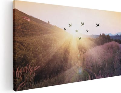 Artaza Canvas Schilderij Vogels Zonsondergang - 40x20 cm - Klein - Wanddecoratie Landschap - Muurdecoratie Natuur - Schilderijen Op Canvas