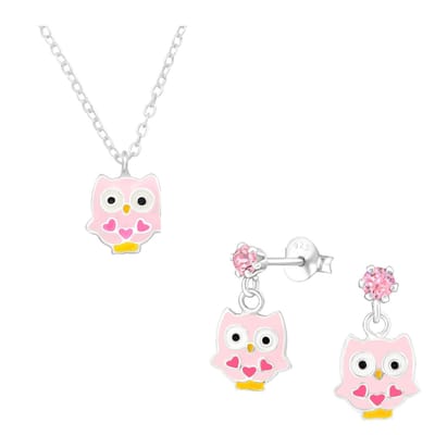 Zilveren uiltje met hartjes kinderoorbellen en ketting | cadeau set meisje | uil oorstekers hanger Meisje Zilver | kinderketting koala | kindersetje oorbellen ketting | Zilverana | Sterling 925 Silver