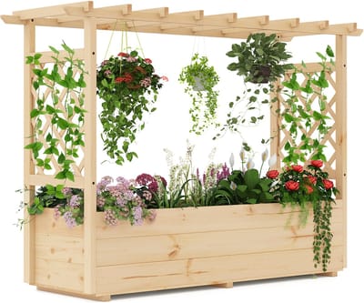 COSTWAY Verhoogd tuinbed met klimrek en hangend dak, plantenbak met klimhulp en drainagegaten, bloembak voor klimplanten, voor tuin, terras, houten plantenbak, naturel, 148 x 50 x 103 cm