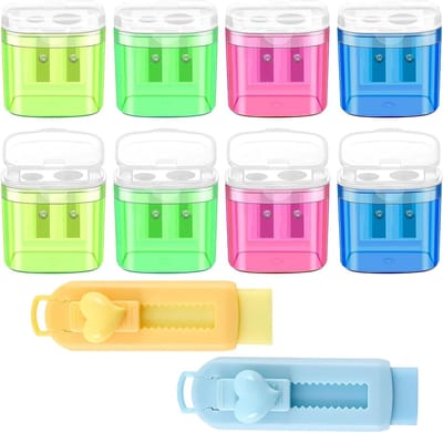 Set van 8 Handmatige Puntenslijpers met Deksel, Dubbele Gat Puntenslijper voor Dikke en Dunne Potloden, Kleurige Slijper met 2 Gum voor School en Kantoor, Perfect voor Creatieve Projecten en Tekeningen