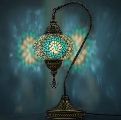 Mozaiek Handgemaakte Tafellamp - Nachtlampje Turkoois - 1 stuk - Dikker Glas en Messing Basis