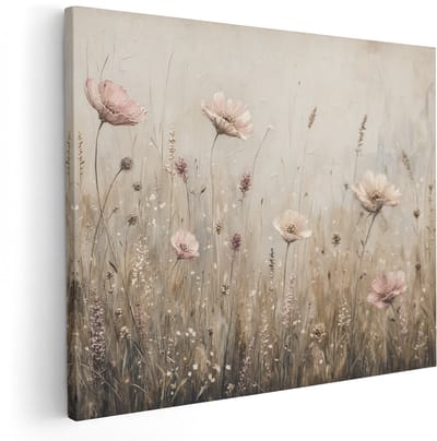 Artaza Canvas Schilderij Roze Bloemen In Beige Velden - Kunst - 100x80 cm - Wanddecoratie Woonkamer - Schilderijen - Muurdecoratie