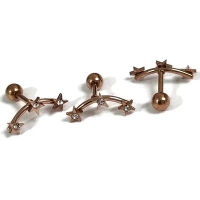 Aramat Jewels | Piercings | Stijlvolle Piercing Helix Piercing 6mm - Rosékleur met Motief | 3 sterren met steentjes-14x6mm | |10mm | Staal | Volwassenen | Verkleurd niet
