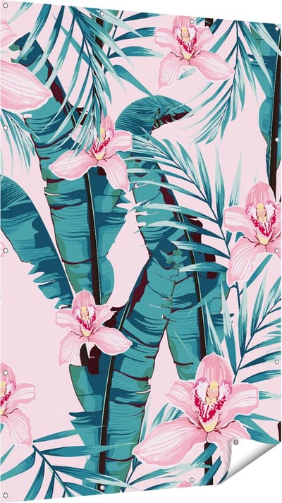 Gards Tuinposter Tropische Roze Zomer Bloemen met Bladeren - 120x180 cm - Tuindoek - Tuindecoratie - Wanddecoratie buiten - Tuinschilderij