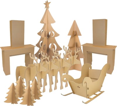 Kartonnen kerst feestdagenpakket - Groot - Arrenslee, rendieren, schoorsteen en kerstboom - Kartent