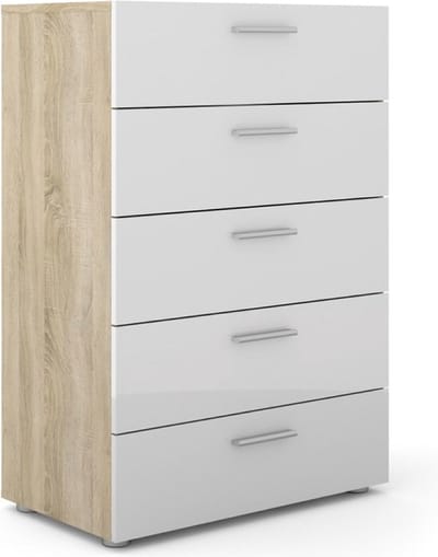 Petra kommode 5 lades eiken decor en wit hoogglans.