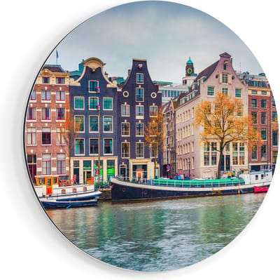 Artaza Dibond Muurcirkel Amsterdamse Huisjes Vanaf De Gracht - Ø 70 cm - Wandcirkel - Rond Schilderij - Voor Binnen en Buiten