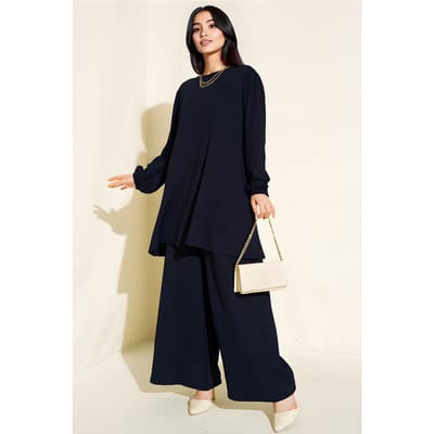 Geweven Lange Mouwen Tuniek en Wijde Pantalon Set