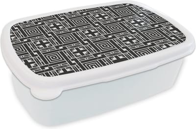 Broodtrommel Wit - Lunchbox - Brooddoos - Geometrie - Patroon - Zwart - 18x12x6 cm - Volwassenen