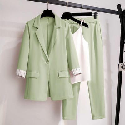 Dames Set Lange Mouw Blazer Broek Pak Kantoor Dame Trainingspak Driedelige Set Fitness Outfits Streetwear XXL groen