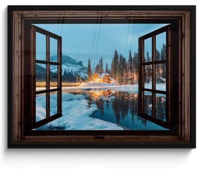 Poster in lijst - Fotolijst 70x50 cm - Posters - Doorkijk - Winter - Landschap - Natuur - Huis - Bergen - Posterlijst zwart - Decoratie - Wanddecoratie woonkamer - Muurdecoratie slaapkamer