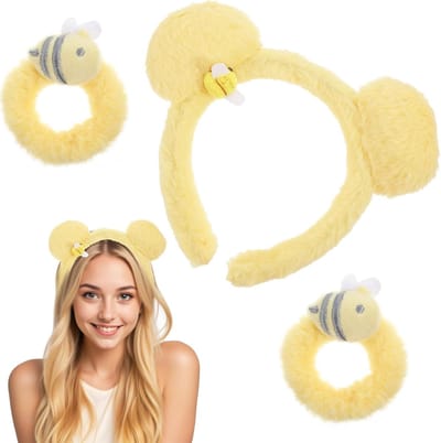 Set van 3 Gele Pluche Beer Oren Haarbanden met Zachte Elastische Pluche Handdoeken en Polsbanden - Schattige Kostuumaccessoires voor Vrouwen en Feestjes