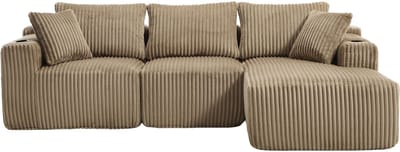 Modulaire bank set met chaise longue & 2-zitsbank, zacht koeiedoek, met 5 kussens, zijzakken & drankhouders, hoogdicht schuim, DIY-combinatie, ideaal voor woonkamer, appartement & studio-Khaki