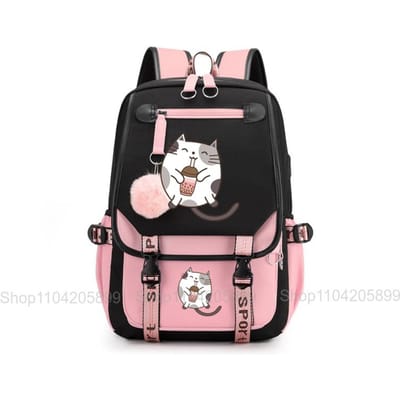 Kat Boba Rugzak, Zoete Melkthee Kat Student Schooltas Zachte Dagrugzak Casual Draagbare Rugzak voor Tienermeisjes 16 inches