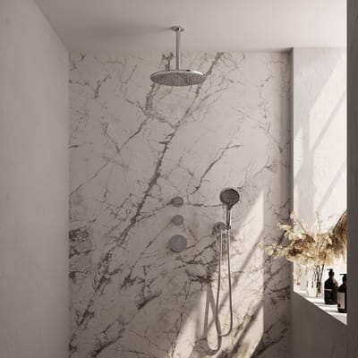 Brauer Chrome Carving thermostatische inbouw regendouche 3-weg rond SET 84 met 30 cm douchekop en plafondarm en 3-standen handdouche en doucheslang en wandaansluitbocht chroom