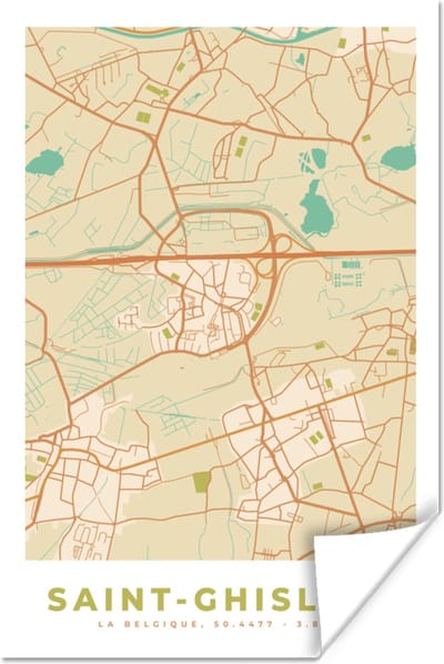 Poster Plattegrond - Kaart - Vintage - Stadskaart - Saint-Ghislain - 120x180 cm XXL