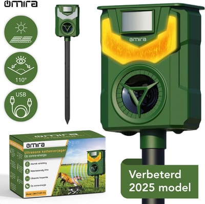 Omira Ultrasone Kattenverjager – Werkt op Zonne Energie m/ USB Kabel – Met Accu – Groot Bereik – Waterdicht – Vaderdag Cadeau - Diervriendelijke Methode – Martenverjager – Vogelverjager - Kattenschrik – Martenverjager Auto – Dierenverjager