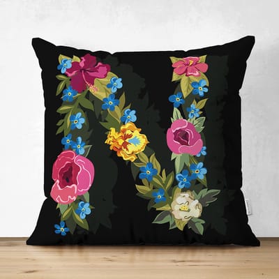 Velvet Kussenhoesjes - kussenhoes - Letter N van bloemen op zwart - 45x45 cm - Kussenloop - Fluweel - Valentijn Cadeau