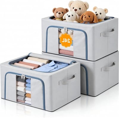 3 Stuks Opbergdozen van Staal voor Kleding, 24 Liter Vouwbare Opbergboxen met Dubbele Ritsen, Doorzichtige Vensters, Perfect voor Kleding, Dekens en Handdoeken