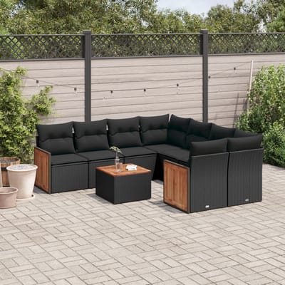vidaXL - 9-delige - Loungeset - met - kussens - poly - rattan - zwart