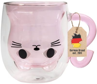 Intirilife thermo glas dubbelwandig met kat design in roze - 200ml inhoud - geïsoleerde glazen mok hittebestendig voor koude en warme dranken koffie kop thee kop drinkglas