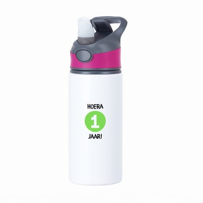 Hacebo® - Hoera 1 jaar waterfles met rietje roze - Verjaardag - jarigen - Verjaardagscadeau - peuter - Happy birthday - water fles - 650ML