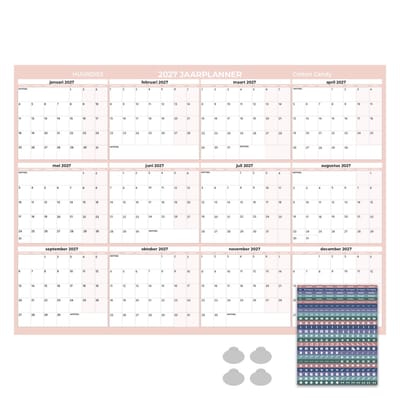 Huurdies Jaarplanner 2027 – Maandagstart – Inclusief Planningsstickers & Ophangstickers – 115 g/m² Blueback – Weekenden Gekleurd – Cotton Candy