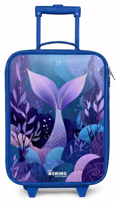 NoBoringSuitcases.com® - Kinderkoffer blauw - Kindertrolley jongen - Zeemeermin - Onderwater - Paars - Blauw - Koffer kind lichtgewicht - Reiskoffer trolley voor kinderen - Koffertje met lichtgevende wieltjes - Rolkoffer