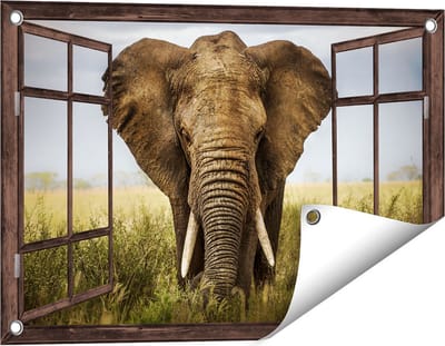 Gards Tuinposter Doorkijk Olifant in het Wild - Kleur - 60x40 cm - Tuindoek - Tuindecoratie - Wanddecoratie buiten - Tuinschilderij