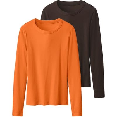 esmara 2 Geribde dames shirts (donkerbruin/oranje, XS (32/34))