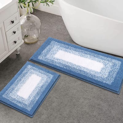 Badmat Set 2-delig Blauw antislip absorberend Zachte badmat Toiletmat Machinewasbaar Badkamerteppich Badvoorlegger Sets wc-kleed, 45 x 65 cm + 45 x 120 cm