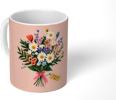 Mok - Koffiemok - Margrieten - Boeket - Strikje - Roze - Mokken - 350 ML - Beker - Koffiemokken - Theemok