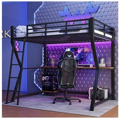 Merax Hoogslaper 90 x 200 cm met bureau, stopcontact + USB-poort en planken - Sfeerverlichting - Metaal - Zwart (matras niet inbegrepen)