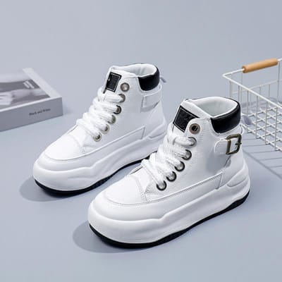 Lente Nieuwe Dikke Zool Student Casual Board Schoenen Ronde Neus Alles-match Hoge Top Kleine Witte Schoenen met Lederen Bovenwerk Om Warm te Houden 40 white