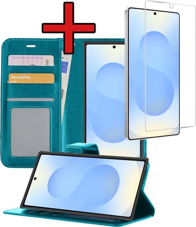 Hoesje - Met Screenprotector - Geschikt voor Samsung Galaxy S25 Ultra - Luxe Pasjeshouder - Flipcase - Bookcase Portemonee - Flip Case - Kunstleer Book Case - Book Cover - Walletcase - Portemonneehoes - Telefoonhoes - Turquoise