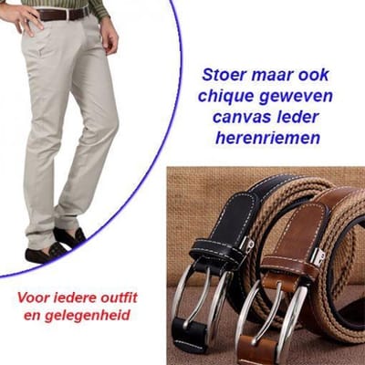 2-Stuks Stoer maar ook Chique Geweven Canvas Leder Herenriemen in Zwart Kleur
