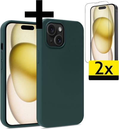 Hoesje - Met 2x Screenprotector - Geschikt voor Apple iPhone 15 - Sterk & Shockproof - Back Cover - Siliconen Case - Telefoon Hoes - Telefoonhoesjes - Donkergroen