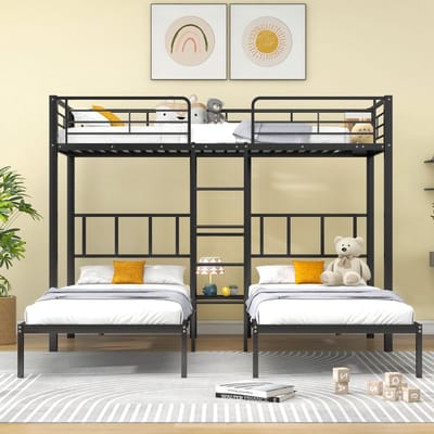 MODENUIT Driepersoons stapelbed 90x200 cm – Met ladder en tafel – Opbergplaat bovenbed – Zonder matras – Metaal – Zwart