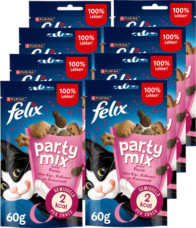 Felix Party Mix Pic Nic - Kattensnacks - Kattensnoepjes - Kip Kalkoen & Kaas - 8 x 60 g