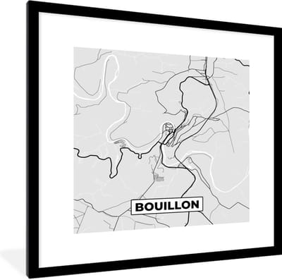 Fotolijst incl. Poster Zwart Wit- Zwart Wit – België – Plattegrond – Stadskaart – Kaart – Bouillon - 40x40 cm - Posterlijst