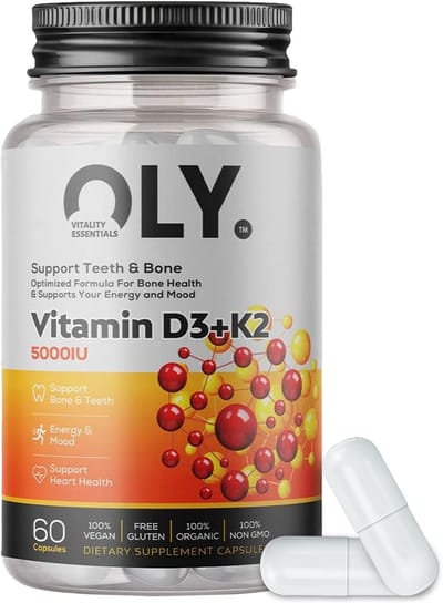 Oly Vitamine D3 + K2 Supplement - 5000IE Met Bioperine® - Zwarte Peper Extract - Glutenvrij & Biologisch - 60 Veganistische Capsules