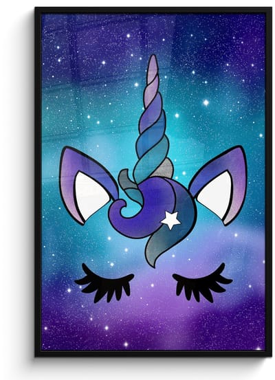 Poster in lijst - Fotolijst 80x120 cm - Posters - Eenhoorn - Sterrenhemel - Ster - Blauw - Posterlijst zwart - Decoratie - Wanddecoratie woonkamer - Muurdecoratie slaapkamer